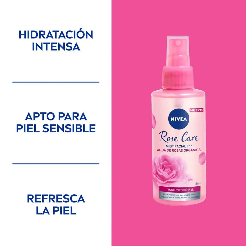 Rose Care Nivea Mist Facial Hidratante Con agua De Rosas Orgánica 150ml