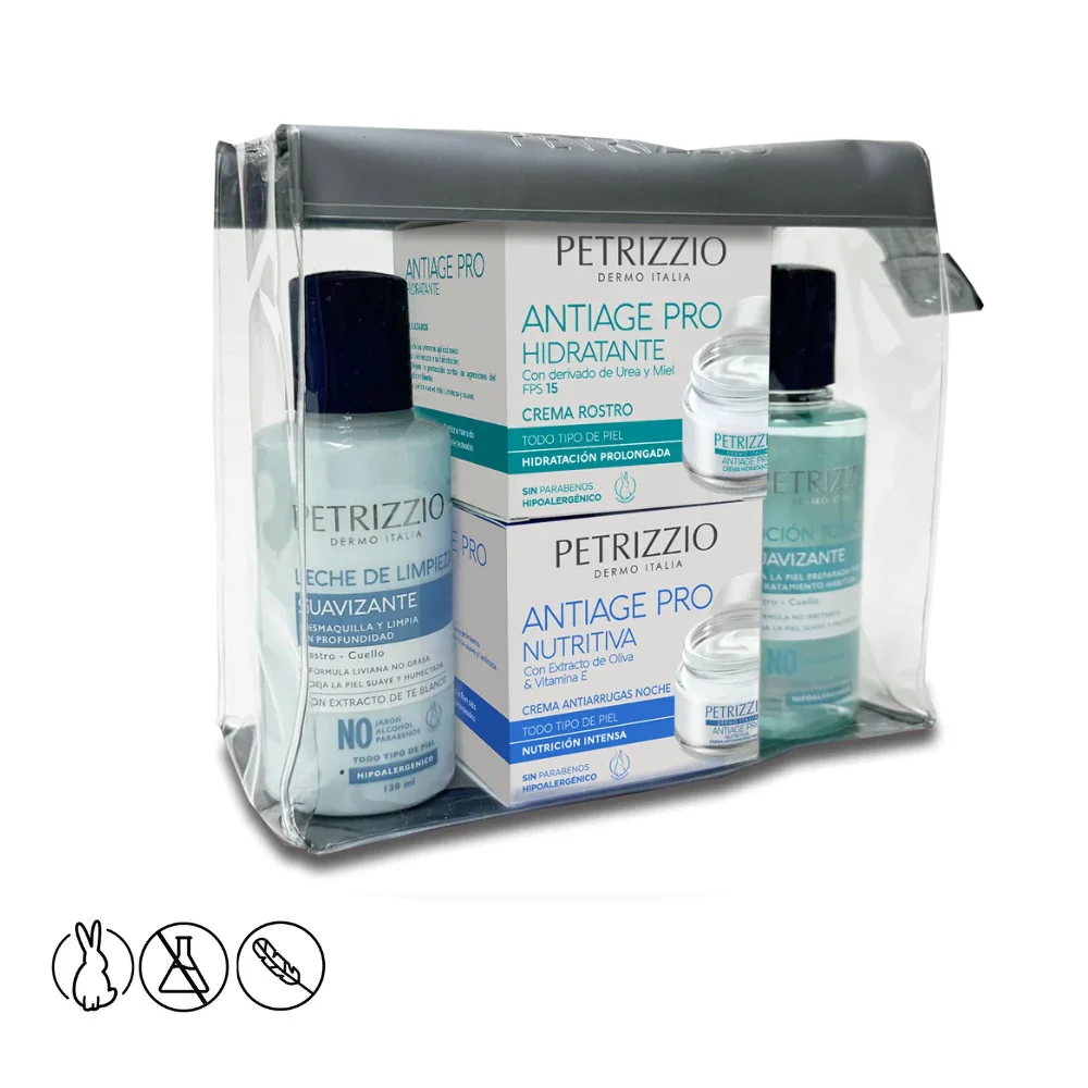 Antiage pro hidratante fps15 dia + Antiagepro nutritiva noche + leche de limpieza + tonico Petrizzio