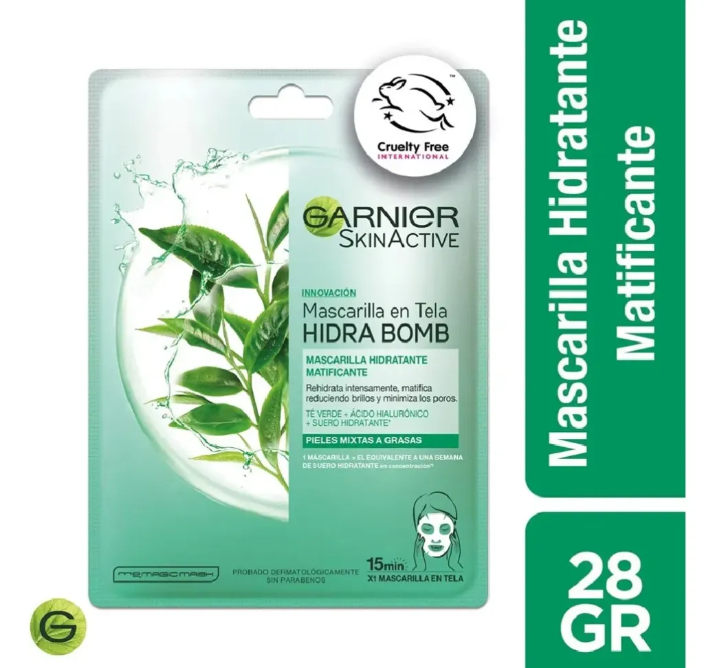 Mascarilla en tela hidra bomb te verde 28gr Garnier